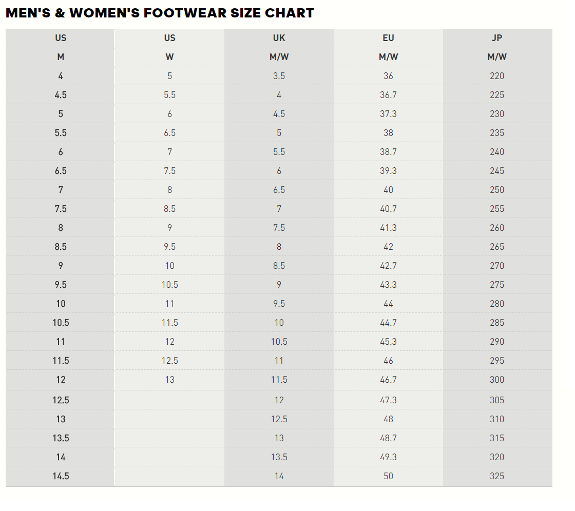 women's size chart adidas